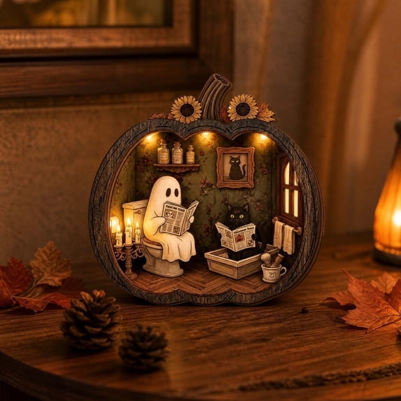 YAMB 2D Layered Wooden Pumpkin Ghost Ornament, Dimensional Cutout Tabletop Decor with Detachable Stand, Cute Spooky Style Decoration with Ghost & Black Cat Scene for Bedroom Home Display