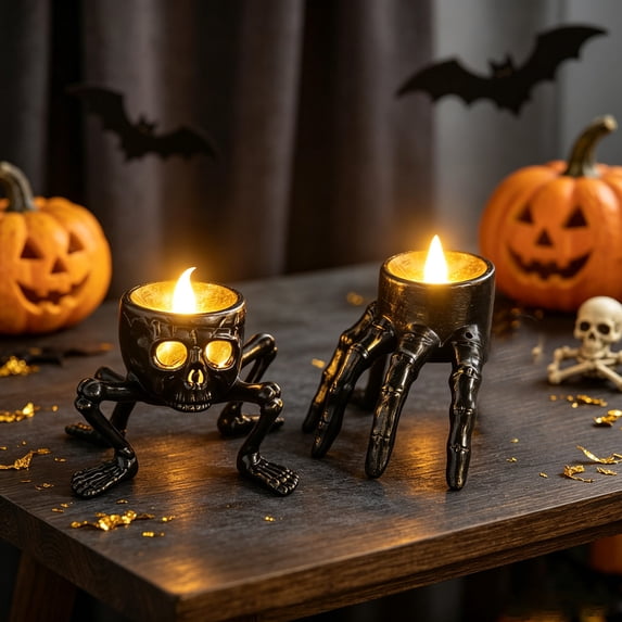 YAMB 2Pcs Skeleton Hand LED Candle Lights, Black Skull Claw Shaped Battery Operated Flameless Halloween Candle Night Lamp, Reusable Spooky Mini Tabletop Ornament for Party Home Holiday Layout