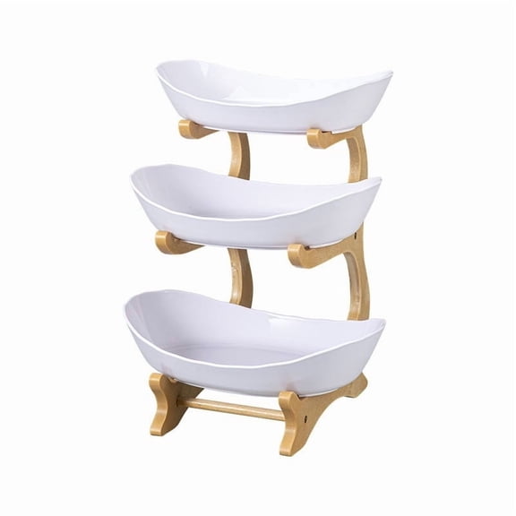 YAMB 3 Tier Countertop Fruit Basket Organizer, Multi-Layer Tiered Oval Food Bowl Holder with Bamboo Stand, Space Saving Vegetable Storage Display Rack for Kitchen Dining Table Home Use, White
