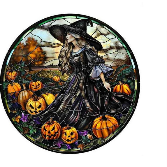 YAMB 8" Halloween Acrylic Stained Glass Window Hanging Decor Witch Pumpkin Acrylic Suncatcher Window Panel Glow in The Dark Hanging Sign Ornaments for Front Door Wall Home Party Bar Cafe