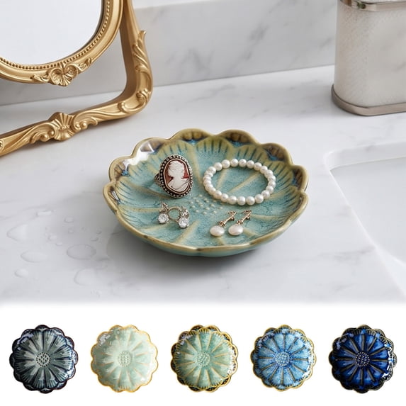 YAMB Ceramic Jewelry Trinket Tray, 4.5" Multi-Color Decorative Ring Earring Bracelet Holder, Scalloped Small Storage Dish for Vanity Dresser Bathroom Tabletop Home Decor