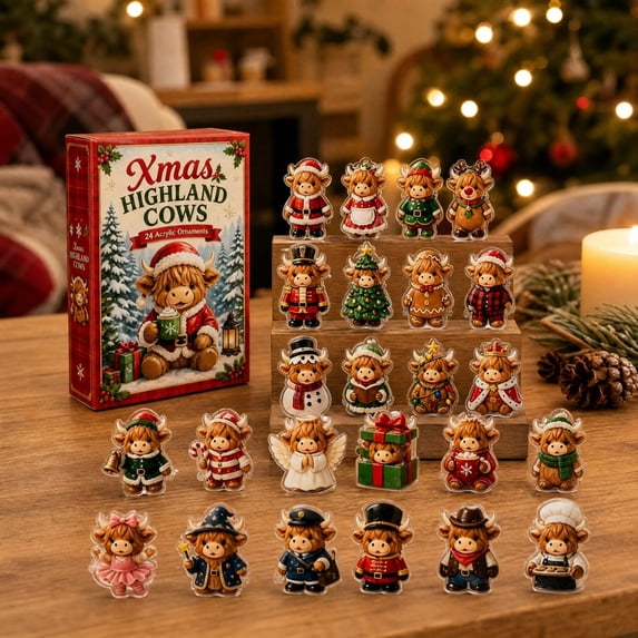 YAMB Christmas Acrylic Advent Calendar, 24‑Day Countdown Calendar with Mini Highland Cow Ornaments, Handcrafted Festive Holiday Tabletop & Wall Hanging Decor for Xmas Tree Home Layout