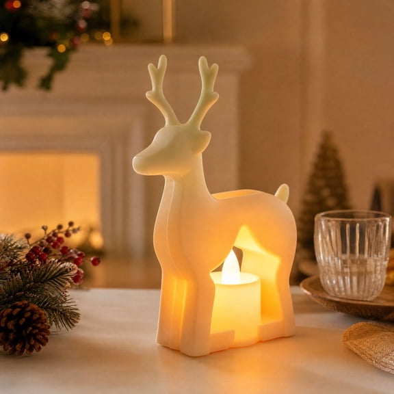 YAMB Christmas Reindeer Shaped Candle Lamp, 5.3" Light-Up Festive Tealight Lantern With Safe Base For Holiday Decor