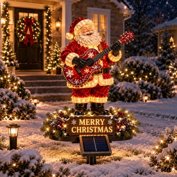 YAMB Christmas Solar Garden Stake Light, 19.7" Light-Up LED Resin Santa Figurine Lamp with Guitar, Outdoor Yard Stake Decor for Lawn Pathway Holiday Display