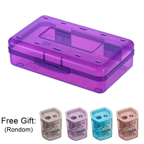 YAMB Clear Large Plastic Hard Pencil Case - Large Capacity Pencil Box Crayon Box with Snap-Tight Lid Stackable Design,Durable Storage Box Office Supplies for Teen Adult,Purple,8"x5"x3"