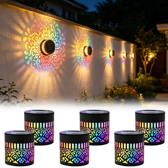 YAMB Color Changing Solar Mandala Lights, Colorful Outdoor Metal Floral Pattern Projector Wall Light, Waterproof Versatile Auto On/Off Garden Decorative Lamp for Backyard Fence Pathway, 6 Pcs