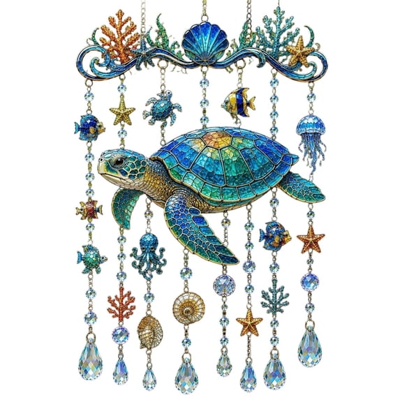 YAMB Colorful Acrylic Sea Turtle Wind Chime, Handmade Transparent Shell Crystal Bead Pattern Hanging Ornament, Blue Nautical Style Suncatcher with Metal Chain Frame for Window Balcony Yard Decor