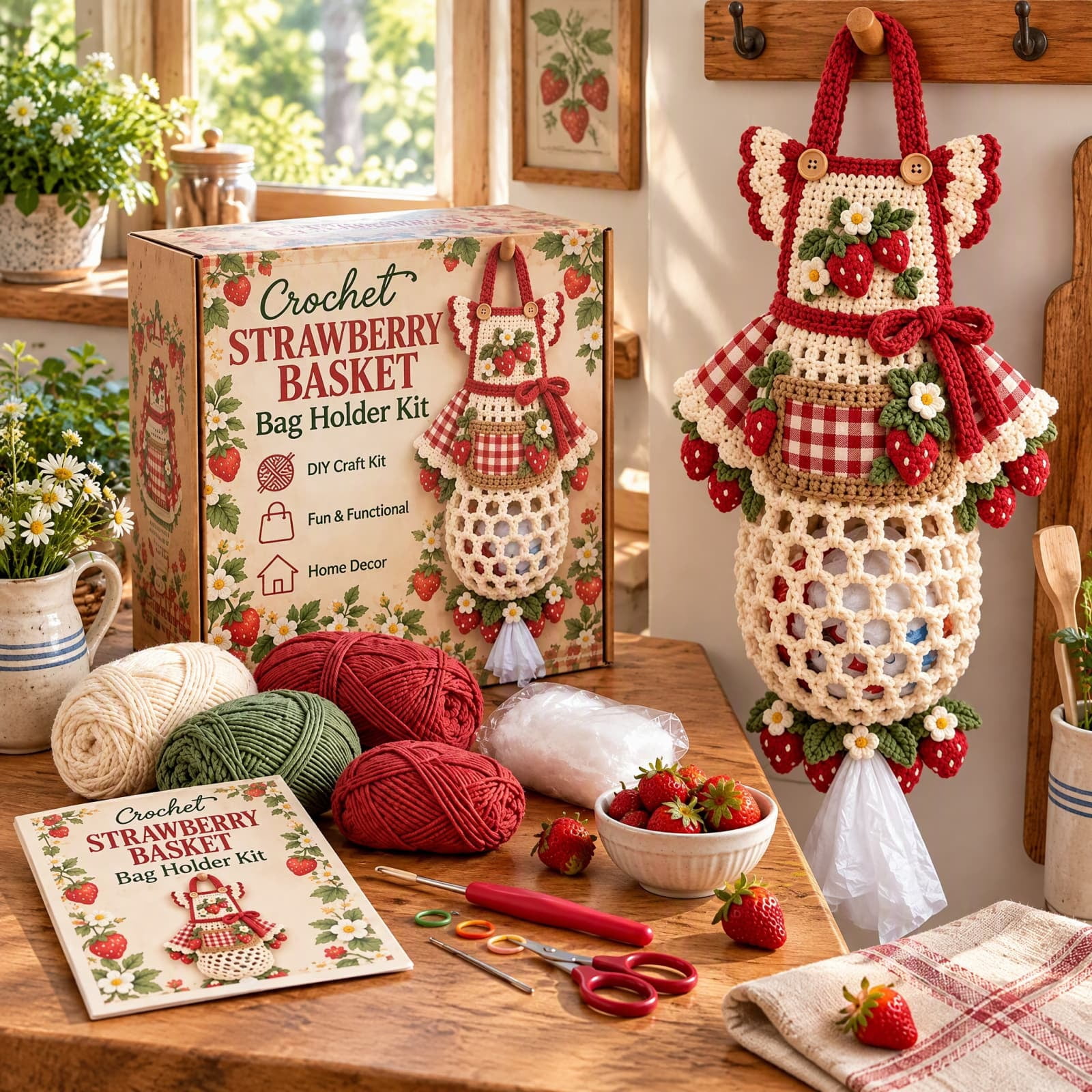 YAMB Crochet Strawberry Basket Bag Holder Kit, Space Saving Hanging ...