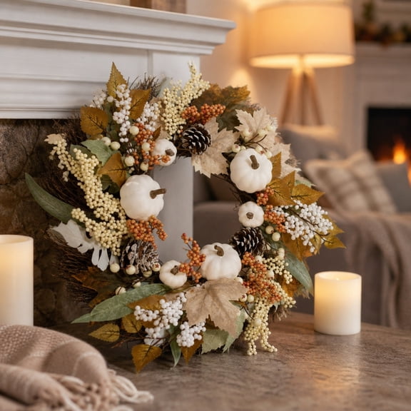 YAMB Fall Thanksgiving Maple Wreath, Front Door Wreath Decor with Pumpkins, Pinecones & Maple Leaves, Layered Wall Mounted Harvest Wreath Built-In Hanging Loop for Indoor Outdoor Home Decor