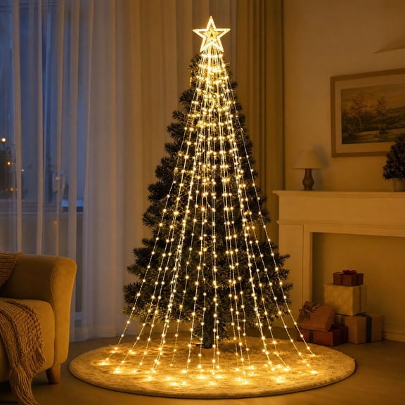 YAMB Five Pointed Star Waterfall Light, 80" Christmas Tree Warm LED String Lights with Top Star for Home Living Room Bedroom Holiday Party Seasonal Layout