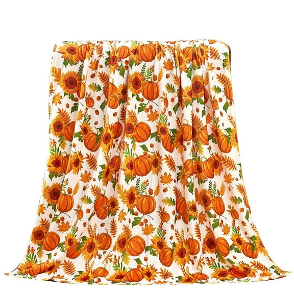 YAMB Floral Pumpkin Fuzzy Flannel Blanket 40 x 30 Inch Fall Throw Blanket Watercolor Autumn Flower Maple Leave Blanket for Thanksgiving Farmhouse Home Chair Sofa Couch Bed