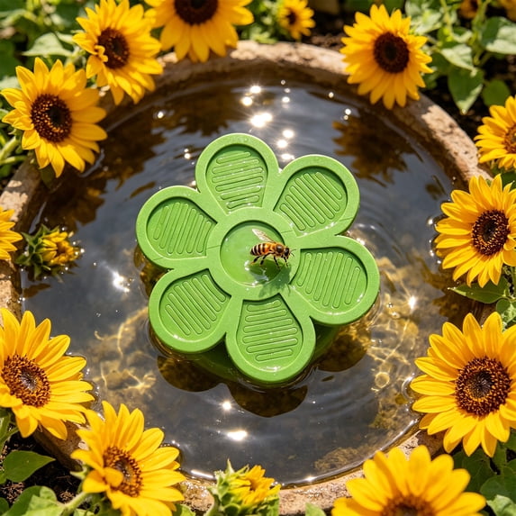 YAMB Flower Shaped Floating Drinking Station, 7.87in Outdoor Bee Floating Water Station Decor, Lightweight Foam Bird Bath Decor for Garden Orchard and Farm Outdoor Water Feeding, Green