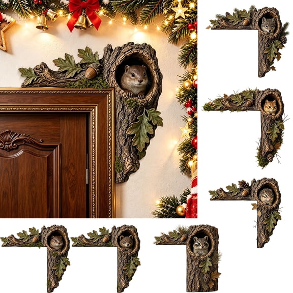 YAMB Forest Animal Door Corner Decor, 9.8" Tree Trunk Woodland Wildlife Tree Hole Wall Frame Ornament with Acorn & Leaves for Home Indoor Outdoor Holiday Decoration(Chipmunk)