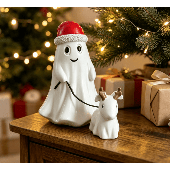YAMB Ghost Walking Deer Horn Dog Statue Ornament, 7.5" Ghost Figurine with Santa Hat & Puppy Reindeer Antlers, Cute Spooky Resin Holiday Tabletop Statue for Home Mantel Shelf Decor