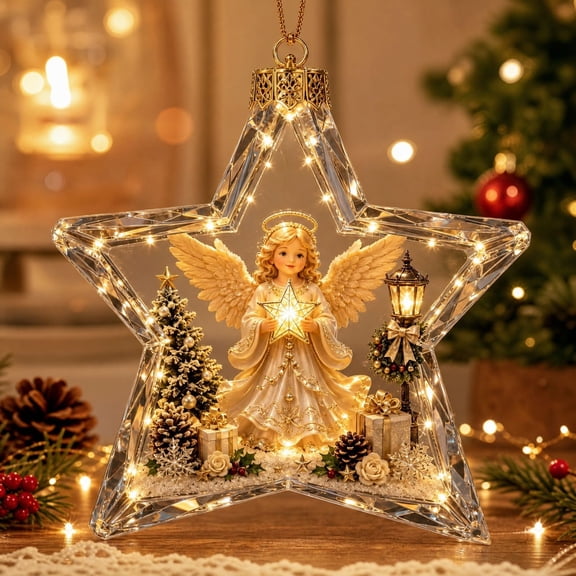 YAMB Glowing Christmas Star Shaped Ornament, 3.5" Transparent Hanging Pendant with Built‑in Warm LED Lights & Mini Festive Scene for Xmas Tree Window Holiday Party Home Decoration