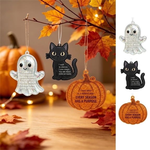 YAMB Halloween Acrylic Glitter Hanging Ornaments, 3.15" Cute Ghost Pumpkin Pendants with Inspirational Quotes, Reusable Festive Tree Decor Accessories for Holiday & Birthday Gift