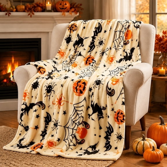 YAMB Halloween Flannel Throw Blanket, Soft Skin-friendly Fleece Blanket with Spider Web, Pumpkin & Bat Print, Fade-resistant Full Lockstitched Hem Blanket for Bed Sofa Home Decor, 40/60 Inch