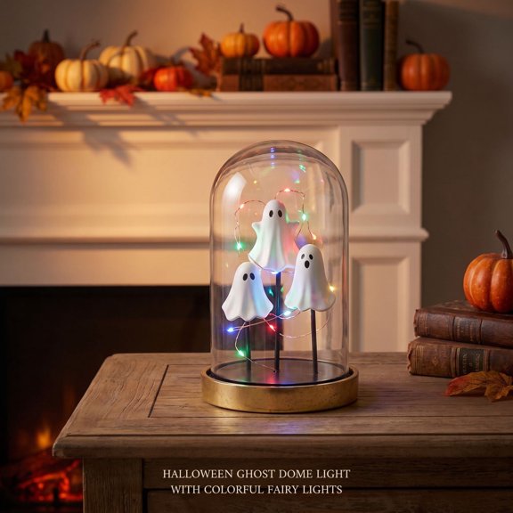 YAMB Halloween Ghost Cloche Dome Light, Battery Operated Clear Jar Lamp, 3 White Ghost Figurines, Colorful Lights, 7.87 Inch