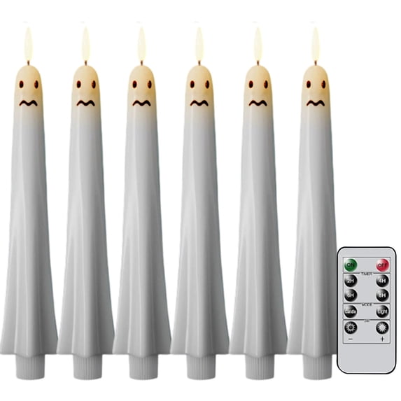 YAMB Halloween Ghost Flameless Taper Candles, Battery Operated Simulated Warm Flickering Flame Candles with Remote Timer, Reusable Spooky LED Table Centerpiece for Indoor Home Decor, 6 Pcs