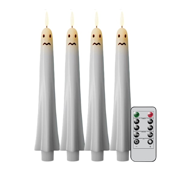 YAMB Halloween Ghost Flameless Taper Candles, Battery Operated Simulated Warm Flickering Flame Candles with Remote Timer, Reusable Spooky LED Table Centerpiece for Indoor Home Decor, 4 Pcs
