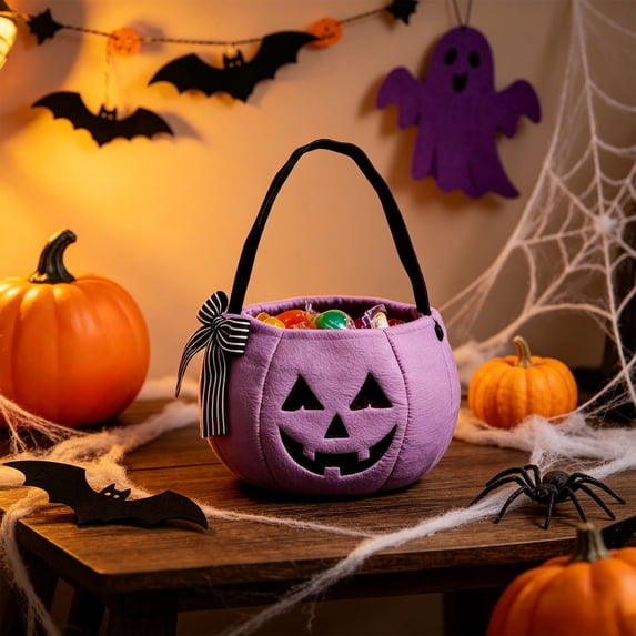 YAMB Halloween Handheld Bow Embroidered Candy Bag, Cute Pumpkin Shaped Candy Bucket with Handles, Portable Spacious Goodie Collecting Bag for Home Party Table Decor & Party Prop, Purple