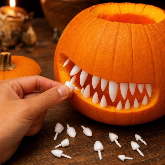 YAMB Halloween Pumpkin Teeth Decor Kit, Mini Fangs and Flat Teeth, Reusable Pin-In Design, For Pumpkin Carving and Party Craft, 1.6 Inch