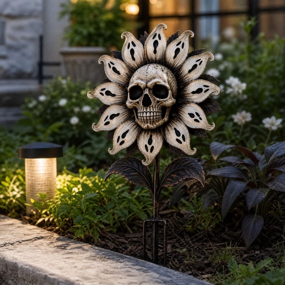 YAMB Halloween Skull Sunflower Garden Stake, 7.87" Vintage Distressed Metal Skeleton Flower Yard Decor with Petals, Gothic Ground Plug Ornament for Patio Lawn Outdoor Decor