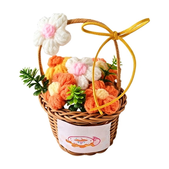 YAMB Handmade Crochet Flower Basket, Multicolor Artificial Woven Floral Ornament, Portable Mini Knit Table Shelf Decor for Farmhouse Cottage Thanksgiving & Teachers' Day Holiday Gift