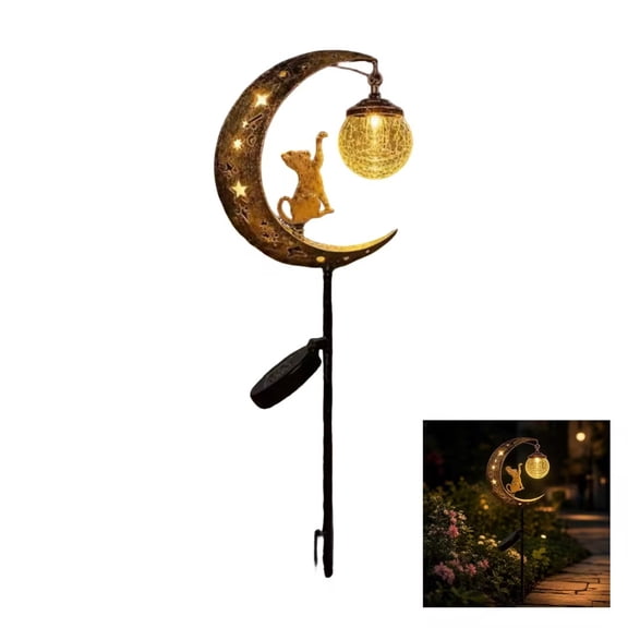 YAMB Hummingbird Moon Solar Garden Stake Light, Waterproof LED Lamp with Metal Crescent Shaped & Crackle Half Glass Globe, Auto-Charging Pathway Outdoor Decor for Yard Lawn Backyard Walkway