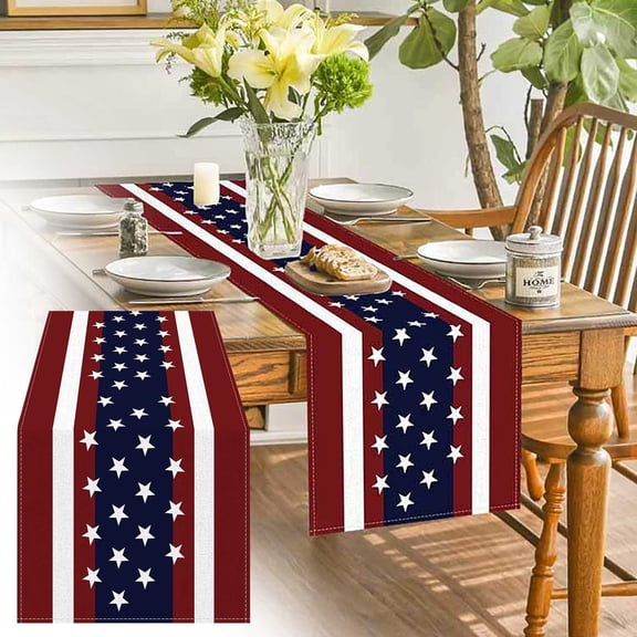 YAMB Independence Day Printed Table Runner, Red White Blue Patriotic Star Decorative Table Cover, Wrinkle-resistant Double-stitched Edge Tablecloth for Home Indoor Outdoor Decor, 7213in