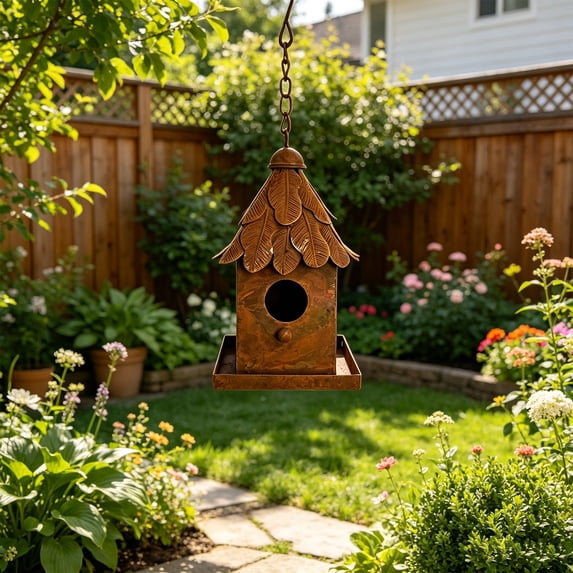 YAMB Leaf Roof Hanging Birdhouse Bird Feeder, Waterproof Outdoor Bird Shelter with Hanging Rope, Easy-fill & Wash Bird Food Container for Garden Patio Backyard Bird Watching, 3.9×12.2 Inch