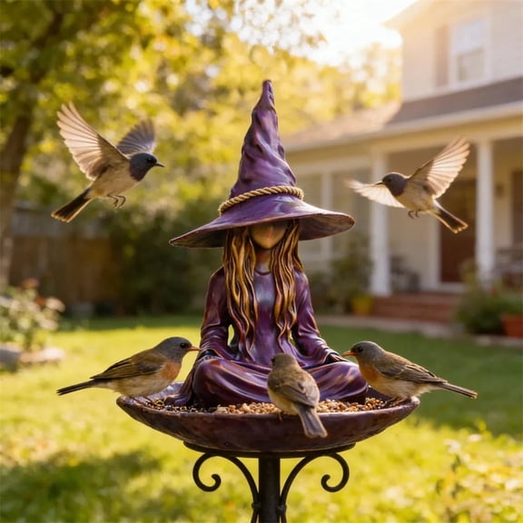 YAMB Meditating Witch Garden Bird Feeder, Handcrafted Resin Outdoor Bird Feeding Station, Purple Witch Statue Design with Hanging Rope for Backyard, Porch, Balcony Home Decor