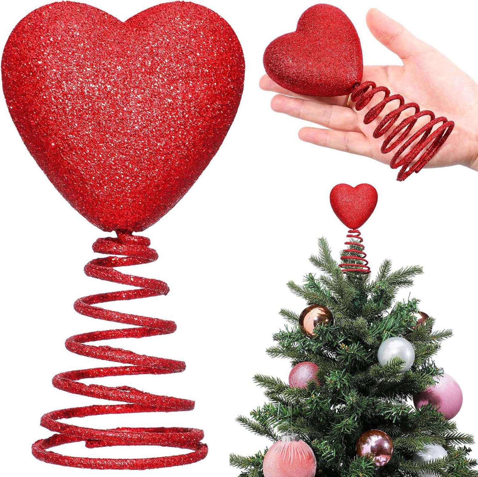 YAMB Mini Valentine Day Tree Topper,3×5 Inch Glitter Hearts Tree Topper ...