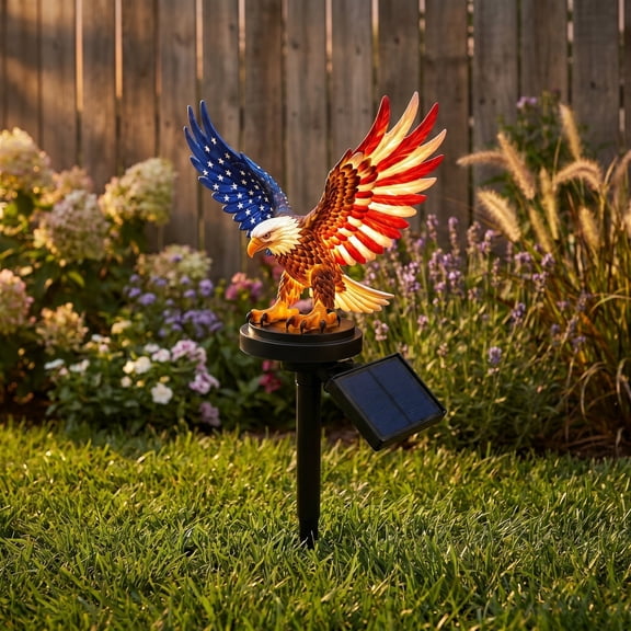 YAMB Patriotic Solar Garden Stake Light, Personalized Bald Eagle Flag Outdoor Yard Decor, Weather Resistant Resin Auto On/Off LED Landscape Light for Lawn Walkway Decor, 5.51 Inch
