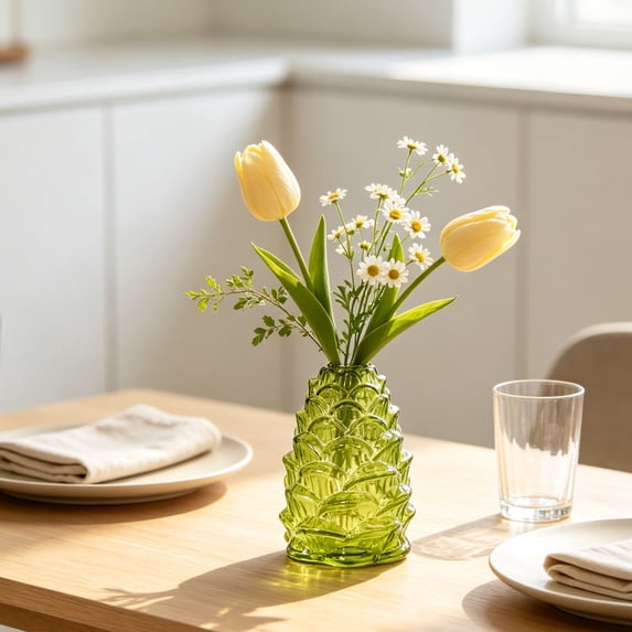 YAMB Pinecone Shaped Embossed Glass Vase, 5.5" Conical Transparent Decorative Flower Vase, Fall Farmhouse Floral Accessory for Home Mantel Table Office Shelf Decor, Yellow