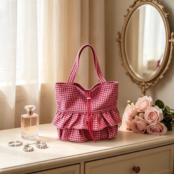 YAMB Plaid Cloth Shoulder Tote Bag, Large Capacity Casual Fabric Handbag with Ruffle, Women Portable Daily Carry Bag with Handles for Shopping Travel Commute Matching