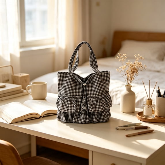 YAMB Plaid Cloth Shoulder Tote Bag, Large Capacity Casual Fabric Handbag with Ruffle, Women Portable Daily Carry Bag with Handles for Shopping Travel Commute Matching