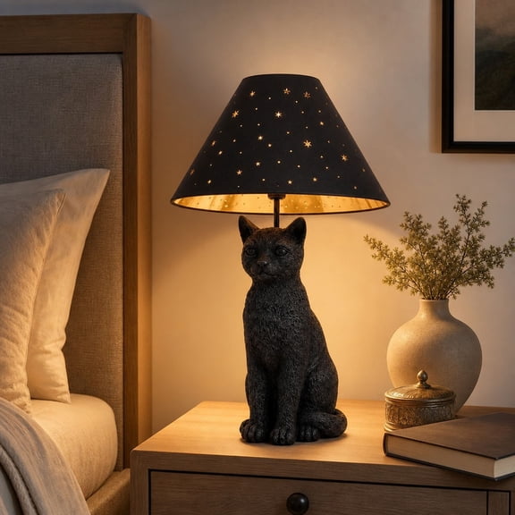 YAMB Plug-In Resin Black Cat Table Lamp, Halloween Sculpted Base Warm Glow Decorative Desktop Light, Adorable Spooky Gothic Decorative Light for Bedroom Party Shelf Decor & Holiday Gift