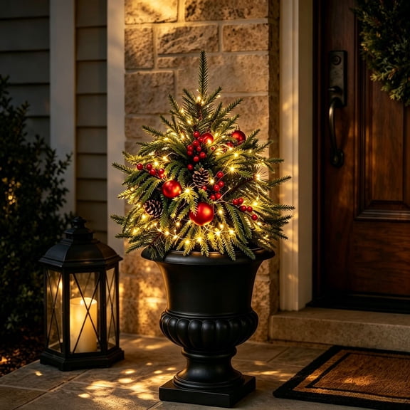 YAMB Pre-Lit Potted Christmas Topiary Tree Artificial Pine Branches with Berries, Pinecones and Baubles, Warm Light Strings, 24 Inch