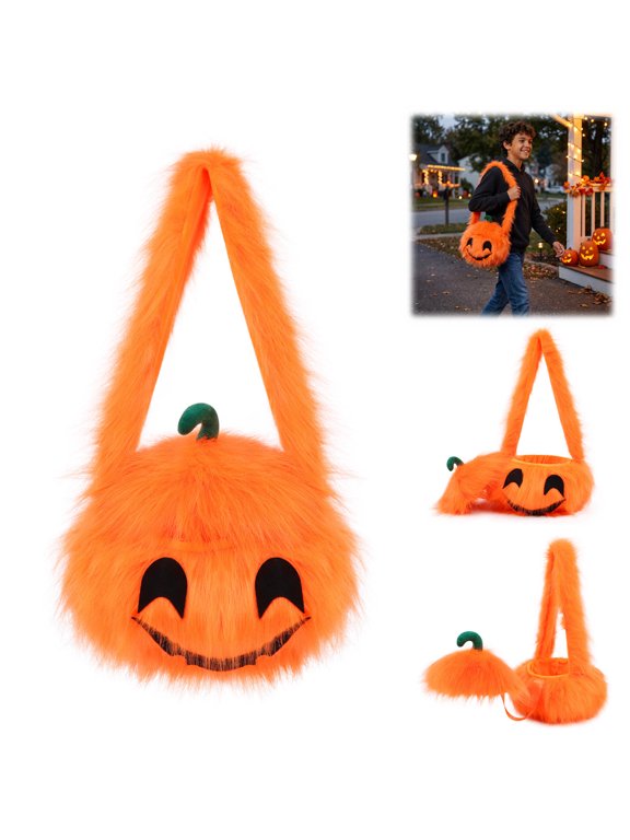 Halloween Pumpkin Head Candy Storage Handbag, Soft Stretch Fabric, Large Capacity, Reusable