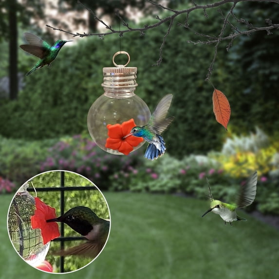 YAMB Red Berries Hanging Hummingbird Feeder, Windproof & Rainproof Outdoor Feeding Tray with Bright Floral Design, Easy-fill & Wash Bird Food Container with Lid for Garden Yard Bird Watching