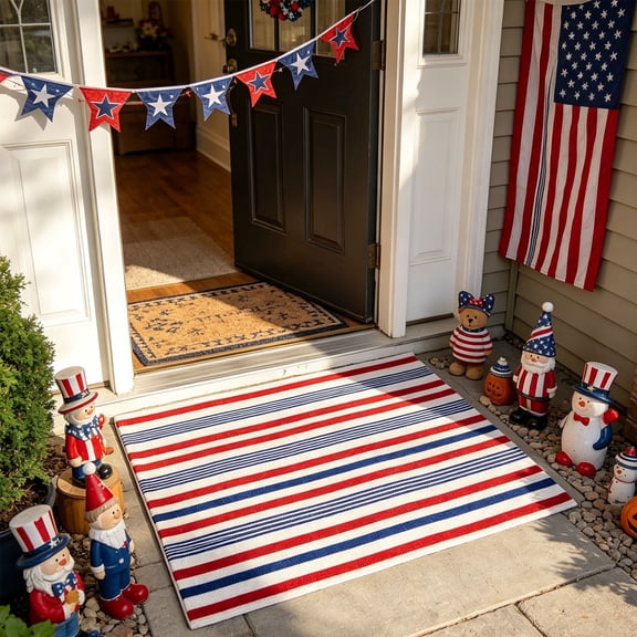 YAMB Red White Blue Striped Doormat, 31.5x19.7Inch Patriotic Floor Mat with Non-slip Backing, Low Pile Washable Decorative Rug for 4th of July Independence Day Front Door Porch Entrance Display