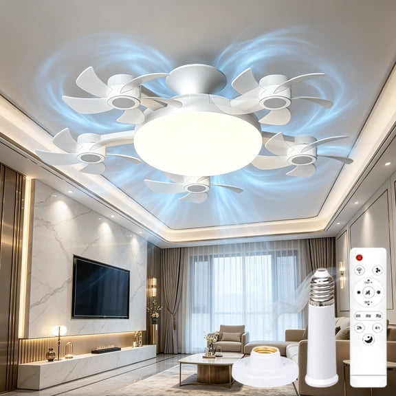YAMB Screw Type Ceiling Fan with Lights, 2-In-1 Silent LED Drone Fan with Remote Control & E27 Light Socket, 3 Wind Speed Adjustable Portable Fan for Bedroom Workshop Home Decor(White,5Head)