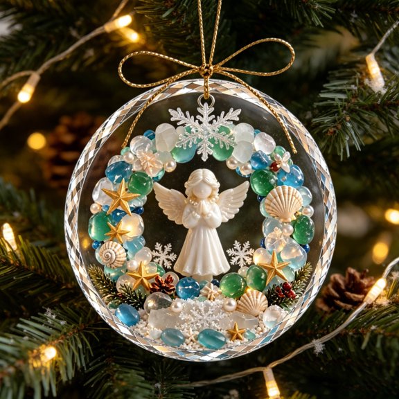 YAMB Sea Glass Christmas Acrylic Ornament, 3.15" Beach Style Double-Sided Printed Hanging Ball with Angel Pattern, Coastal Style Pendant for Xmas Tree Wall Holiday Decor