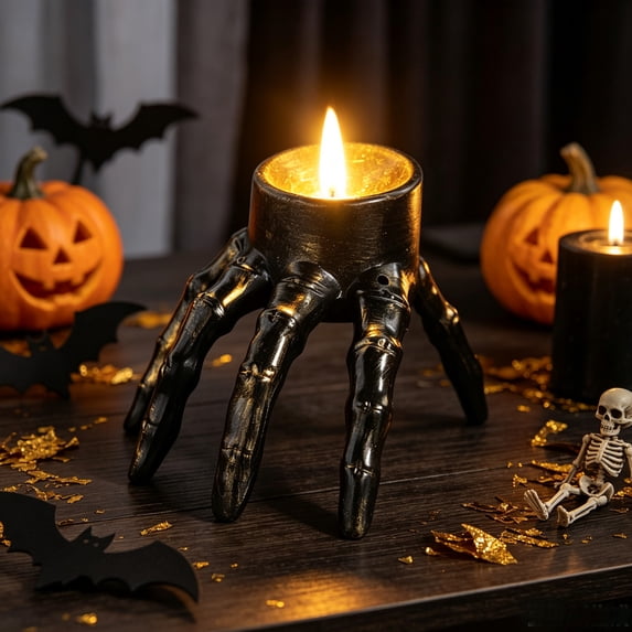 YAMB Skeleton Hand LED Candle Light, Black Skull Claw Shaped Battery Operated Flameless Halloween Candle Night Lamp, Reusable Spooky Mini Tabletop Ornament for Party Home Holiday Layout, 2 pcs