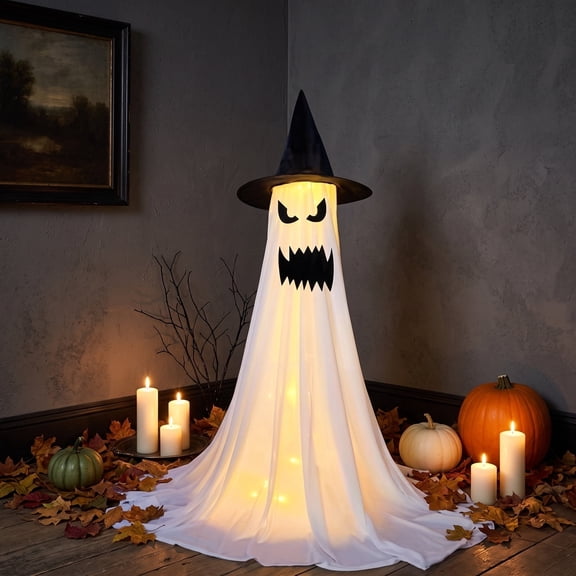 YAMB Standing Ghost Decor With Witch Hat Warm LED Glowing Remote Control Tripod Support Spooky Halloween Outdoor 47.2in
