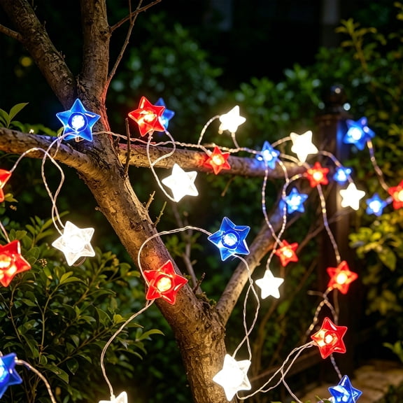 YAMB Star Shaped Copper Wire Light String, Red White Blue Five Pointed Star Flashing Light, 16.4 Ft 50 LEDs Fairy Lights Battery Operated String Lights, Patriotic DIY Light for Home Outdoor Decor
