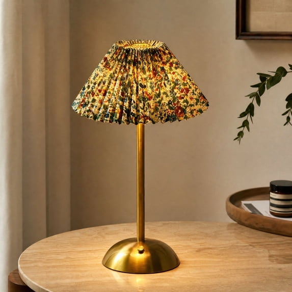 YAMB Vintage Gold Rechargeable Table Lamp, 11.8" Cordless Small Bedside Ambient Lamp with Floral Pleated Fabric Shade, Soft-Light Decorative Night Light for Bedroom Nightstand Tabletop Layout