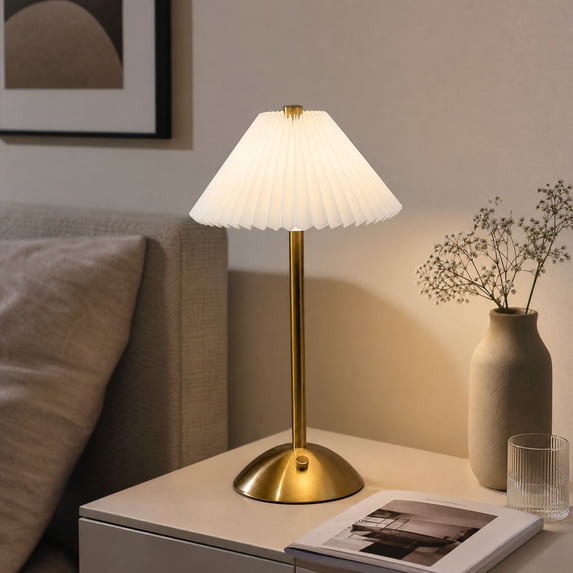 YAMB Vintage Rechargeable Pleated Fabric Table Lamp, 11.8" Cordless Portable Golden Base Decorative Bedside Night Light with Pleated Shade for Bedroom Dining Table Ambient Lighting