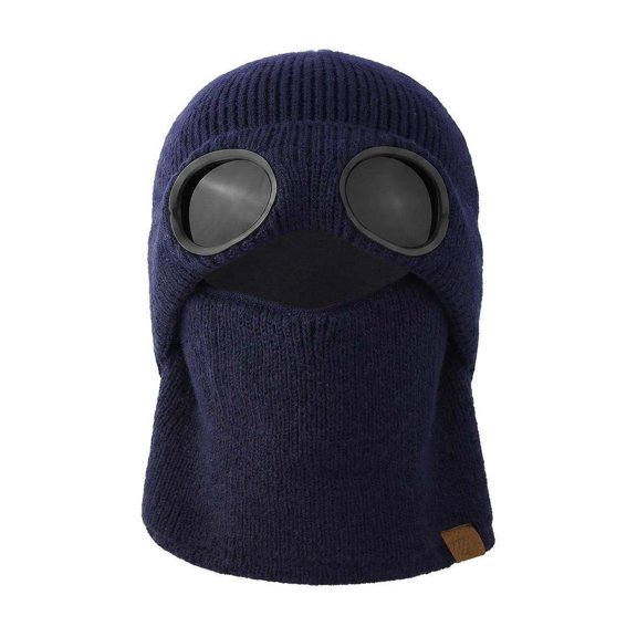 YAMB Winter Knitted Balaclava Hat, Integrated Goggle Style Full Face Mask, Windproof Warm Beanie Cap for Ski, Cycling, Outdoor Cold Weather Use, Navy